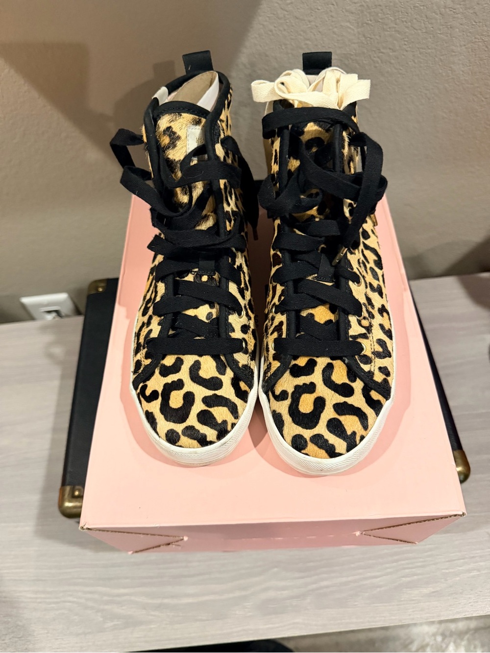 kate spade Leopard-Print High-Top Sneakers in Black & Tan